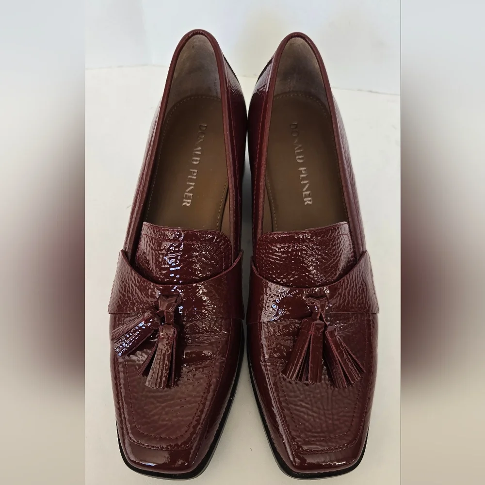 Donald J. Pliner Glossy Patent Leather Maroon Loafers with Tassels